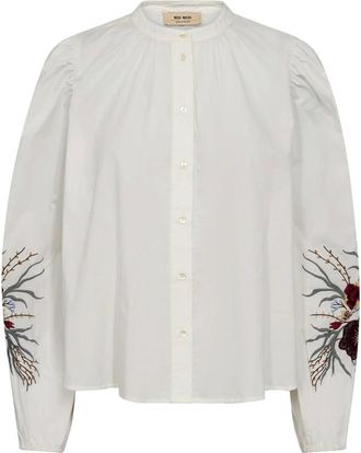 Mos Mosh MOS Mosh, Overhemden, Dames, Beige, M, Katoen, Geborduurde Popli Shirt met Mandarin Kraag