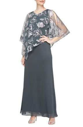 S.L. Fashions Metallic Chiffon Overlay Gown in Smoke/silver at Nordstrom, Size 10