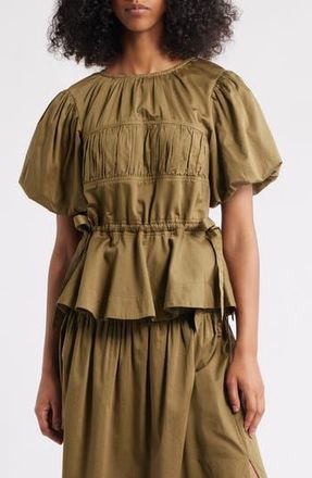 Damson Madder Hadley Ruched Organic Cotton Top in Olive at Nordstrom Rack, Size 2 Us / 6 Uk