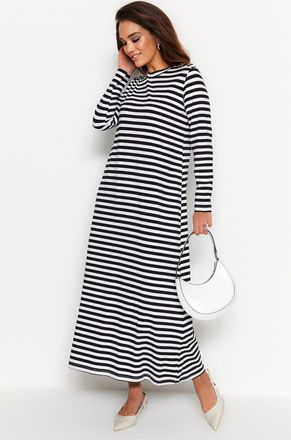 Trendyol Modest Dames Wit Gestreept Maxi Lang Casual Recht Modest Jurken