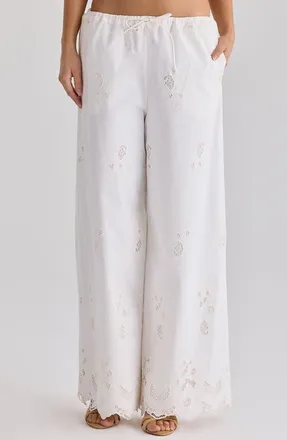 House of CB Mirea Broderie Anglaise Wide Leg Pants in White at Nordstrom, Size X-Large