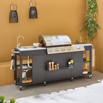 Sweeek 4-burner Gas Barbecue + 1 Side Burner Outdoor Kitchen With Sink in Black