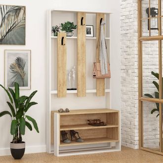 Dmora Mueble De Entrada Toraji, 6 Pares, 3 Estantes, Perchero, 90x36x180h Cm Blanco