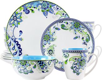 Elama Blue Fiesta 16 Piece Round Porcelain Dinnerware Set