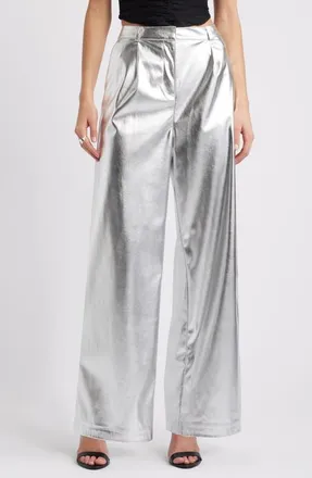 Open Edit Metallic Faux Leather Pants in Silver Metallic at Nordstrom, Size Small
