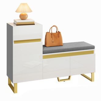 STILVORA Scarpiera Con 2 Ante E 1 Cassetto, Panca Con Cuscino, Lucido Parziale, Stile Moderno, In Mdf, Bianco, 120&times;35&times;85 Cm