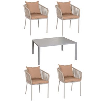 Hhg Nunca Usado] Set De Jard&iacute;n Hhg 616, Mesa+4xsilla, Aluminio Resistente A La Intemperie 140x80cm, Cuerda De Mimbre Rope, Gris Cojines Taupe