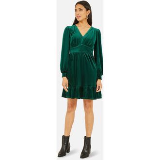 Yumi Velvet Long Sleeve Skater Dress in Green at Nordstrom, Size 10