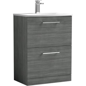 Balterley Balterley Level Modern Bathroom 2 Soft Close Drawer Floor Standing Vanity & Basin, Anthracite Woodgrain, 600mm