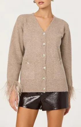 ASTR the Label Grie Crystal Embellished & Feather Trim Cardigan in Taupe at Nordstrom Rack, Size Medium