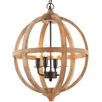 Loops Multi Light Ceiling Pendant 4 Bulb Mango Wood & Bronze Solid Round Lamp Shade