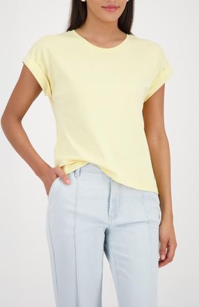 Monari T-Shirt MONARI Pima uni, Damen, Gr. 34, past gelb, Single Jersey, Obermaterial: 100% Baumwolle, unifarben, Basic normal, Rundhals, mit Aufschlag abges