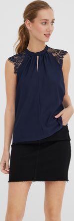 Vero Moda Spitzentop VERO MODA VMMILLA SL LACE TEE, Damen, Gr. XS, navy blazer, Jersey, Obermaterial: 95% Polyester, 5% Elasthan, unifarben, normal, Rundhals, T