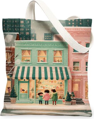 Generic Winter Holiday Canvas Tote Bags, Cozy Scene Shopping Pattern Reusable Grocery Bags, Lightweight Washable Shoulder Strap Can, Multicolor, 13x15 Inch