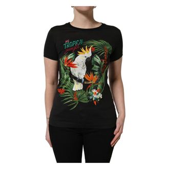 Dolce & Gabbana T-Shirts, female, Multicolor, Size: 2XS Tropical Print Cotton Round Neck T-Shirt