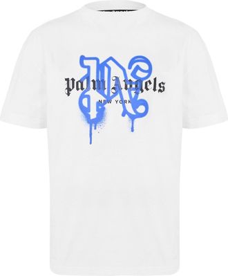 Palm Angels Mens Ny Mono Tee in White Blue - Size X-Small