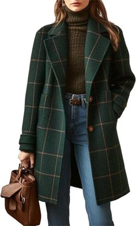 Generic Womens Winter Notched Collar Plaid Trench Coat, Button Down Mid Long Overcoat Outerwear, Blazer Single Breasted Jackets (Green,M)