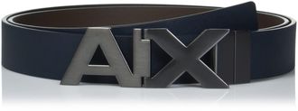 A|X Armani Exchange Mens Split Leather Double Sided Large Logo Belt, Navy/Dark Brown, 40