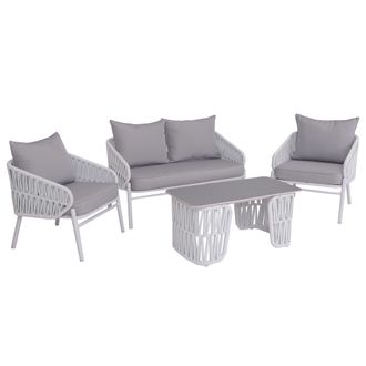 Hhg [nunca Usado] Conjunto De Jard&iacute;n Hhg-224, Conjunto De Sal&oacute;n Sof&aacute; De Jard&iacute;n, Sill&oacute;n, Mesa, Tejido De Cuerda/textil (180 G/m&sup2;), Gris Claro