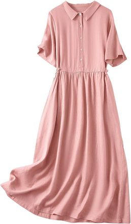 Generic Women Shirt Dresses Cotton Linen, Elegant Casual Short Sleeve Buttons Dress with Collared Neck & Pockets, Summer Swing Maxi Dress Deals My Orders 2025