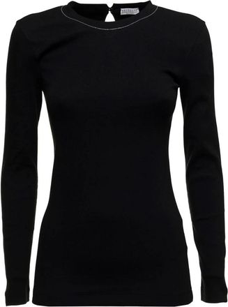 Brunello Cucinelli Zwarte katoenen T-shirt met Monile ronde hals - Dames - Longsleeves - Zwart - M - Katoen - Tops
