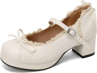 Generic Womens Mary Jane Pumps with Chunky Heel Sweet Style Shoes for Lolita,White,6.5 UK