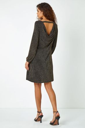 Roman Glitter Cowl Cutout Swing Stretch Dress