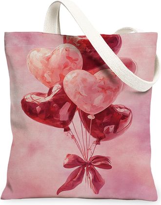 Generic Heart Balloon Canvas Tote Bags, Romantic Love Pattern Reusable Shopping Bags, ValentineS Day Lightweight Washable Shoulder, Peach, 13x15 Inch