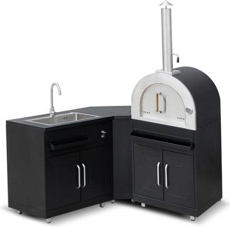 Oviala Cocina exterior met&aacute;lica con 3 fregaderos y horno de pizza