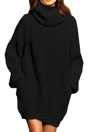Pink Queen Womens Oversized Jumper Dress, Long Sleeve, Ribbed Knitted Casual Jumper, black, XL