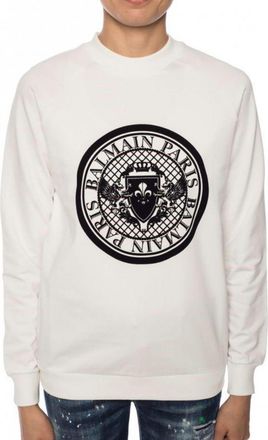 Balmain Mens Crew Neck Logo Sweatshirt - White Cotton - Size EU 36 (Mens)