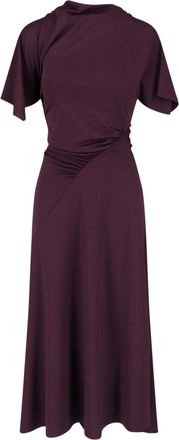 Victoria Beckham Burgundy Midi Dress with Ruched Asymmetrical Detailing