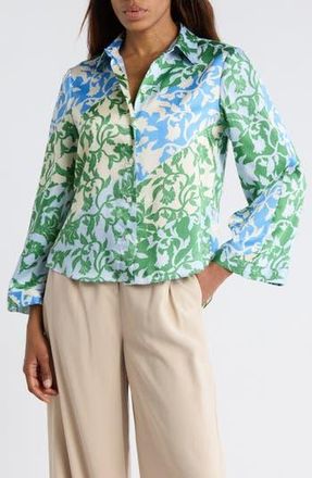 Derek Lam Milad Oversize Bell Sleeve Button-Up Shirt in Blue Botanical at Nordstrom Rack, Size X-Large