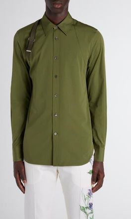 Alexander McQueen Logo Tape Harness Stretch Cotton Button-Up Shirt in Military Green at Nordstrom, Size 16.5