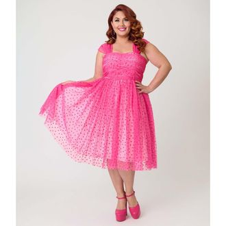 Unique Vintage Plus Size Garden State Swing Dress in Pink W/tiny Hearts at Nordstrom, Size 1X