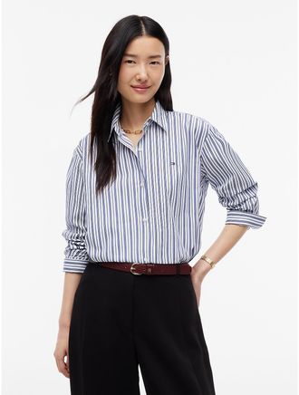 Tommy Hilfiger Womens Poplin Oversized Button-Up Shirt - Blue/White Stripe - 4