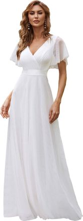 Ever-pretty Womens V Neck Floor Length A Line Empire Wasit Short Sleeve Tulle Long Bridesmaid Dresses White 20UK