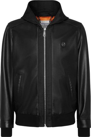 Philipp Plein Leren Hooded Bomber met Satijnen Inzetstukken - Heren - Leren en Su&egrave;de Jassen - Zwart - XS - Satijn - Jassen