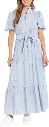 London Times Stripe Short Sleeve Cotton Seersucker Maxi Dress in Blue/White at Nordstrom Rack, Size 14