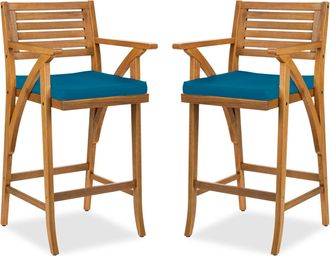 Best Choice Products Set of 2 Outdoor Acacia Wood Bar Stools Bar Chairs w/ Weather-Resistant Cushions