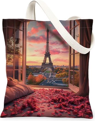 Generic Vintage Artistic Canvas Tote Bag, Paris Tower Floral Design Reusable Grocery Bag, Lightweight Washable Tote for Travel Beach Picnic 13x15 Inch