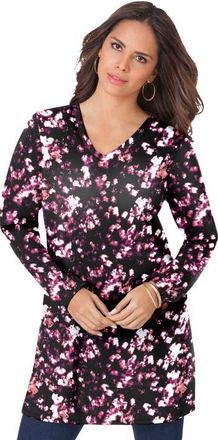 Roaman's Plus Size Cotton Ultimate Long Sleeve V Neck Tunic in Berry Abstract Texture at Nordstrom, Size Medium