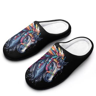 Generic Horse Riding Native US Indian Womens Slippers Warm House Slippers Indoor House Shoes with Anti-Skid Rubber Sole