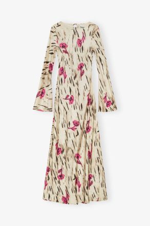 Ganni White Floral Satin Maxi Dress - Size 2 Viscose