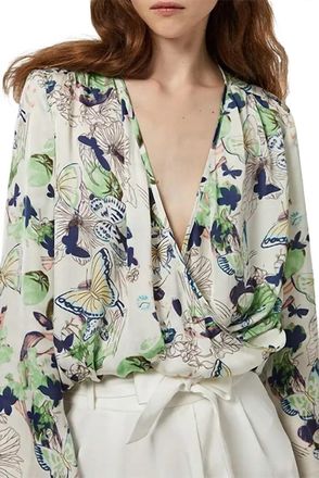 Fangyán Cardall Butterfly-Print Satin Blouse In White