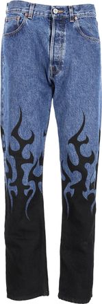 VETEMENTS Flame Print Straight-Leg Jeans in Blue Cotton Denim
