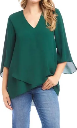 Karen Kane Bracelet Sleeve Asymmetric Top - Petite In Forest Green