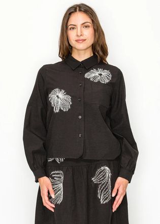 YAL New York Black Blouse with White Floral Embroidery