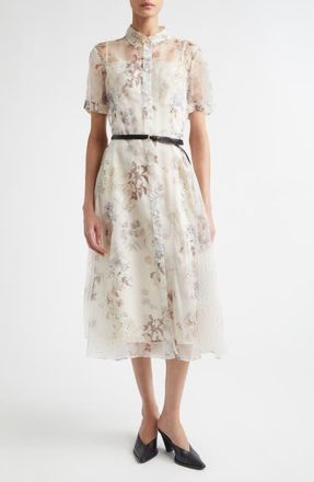 Altuzarra Kiera Floral Belted Silk Organza Shirtdress in Ivory Flowers at Nordstrom, Size 12 Us
