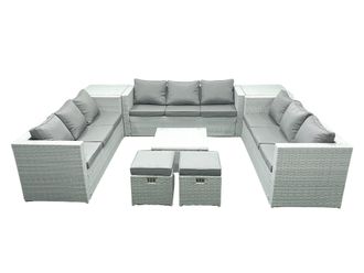Fimous Rattan Garden Outdoor Furniture Set 11 Seater Rattan Garden Sofa Set with 2 Small Footstool 2 Side Tables Light Grey Mixed